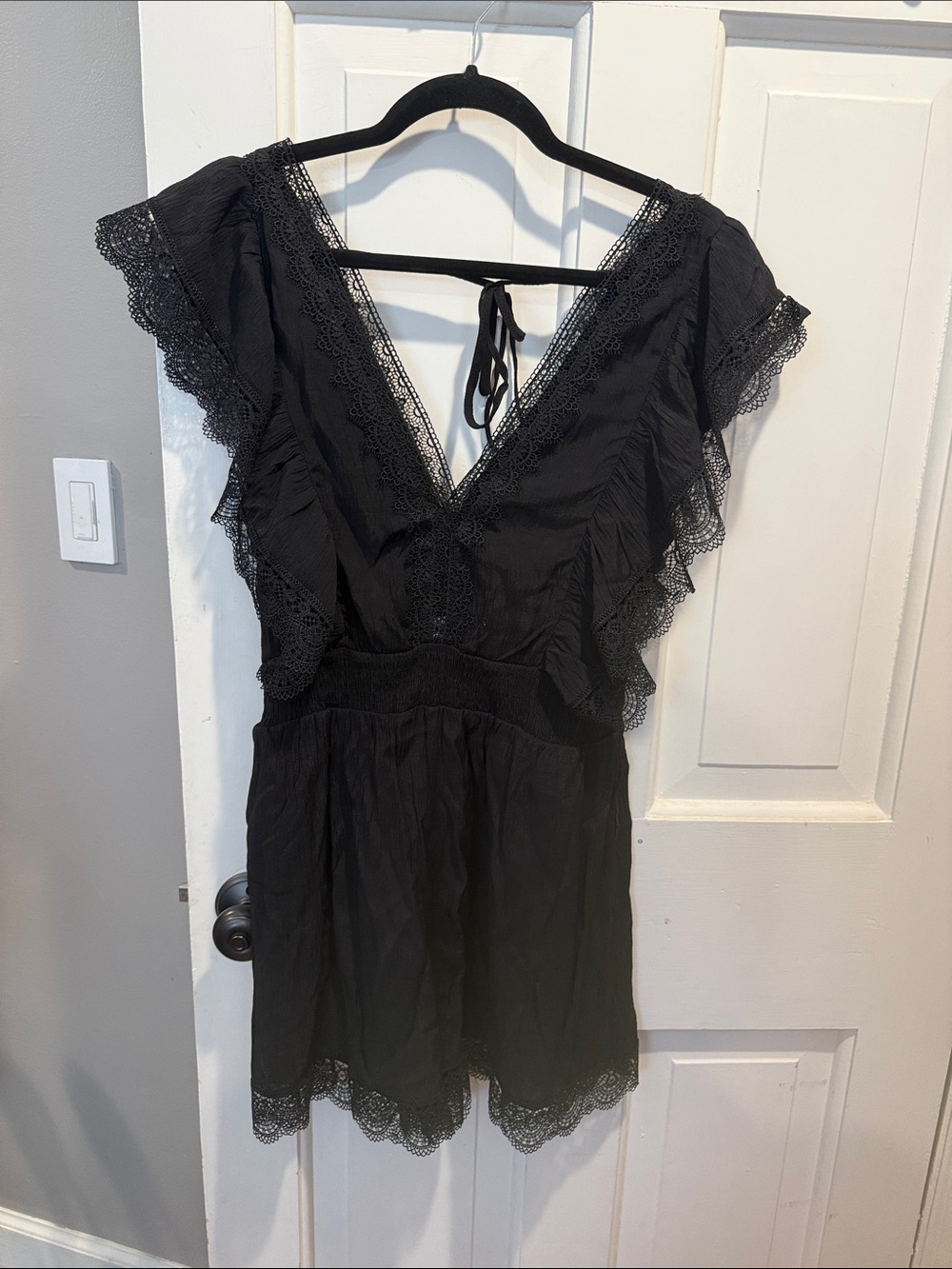 Pink Lily Black Lace-Trim V-Neck Romper